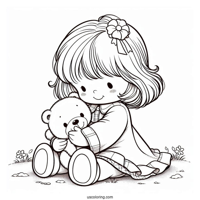 Precious Moments Coloring Page Of Toddler Holding Teddy Bear For Preschoolers
