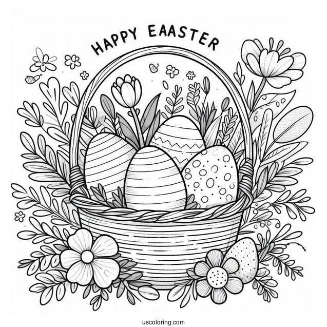 Happy Easter Coloring Page With Eggs In A Basket For Preschoolers
