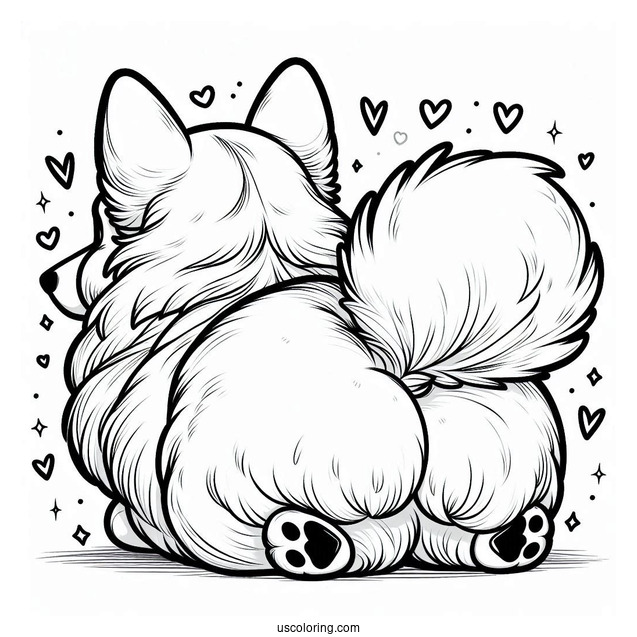 Fluffy Heart Shaped Corgi Coloring Page Butt