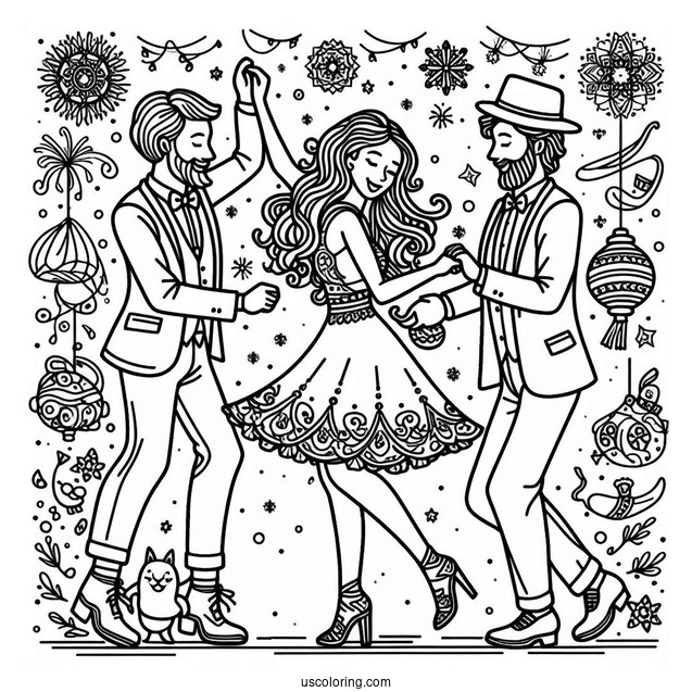 Men And Women Dancing On New Year Coloring Page For Kids