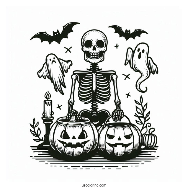 Skeleton Coloring Page Of Jack O Lantern With Ghost And Bat