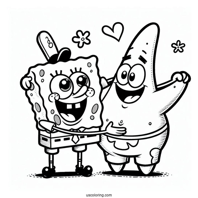 Happy SpongeBob And Patrick Star Coloring Page With Arms Around One Another