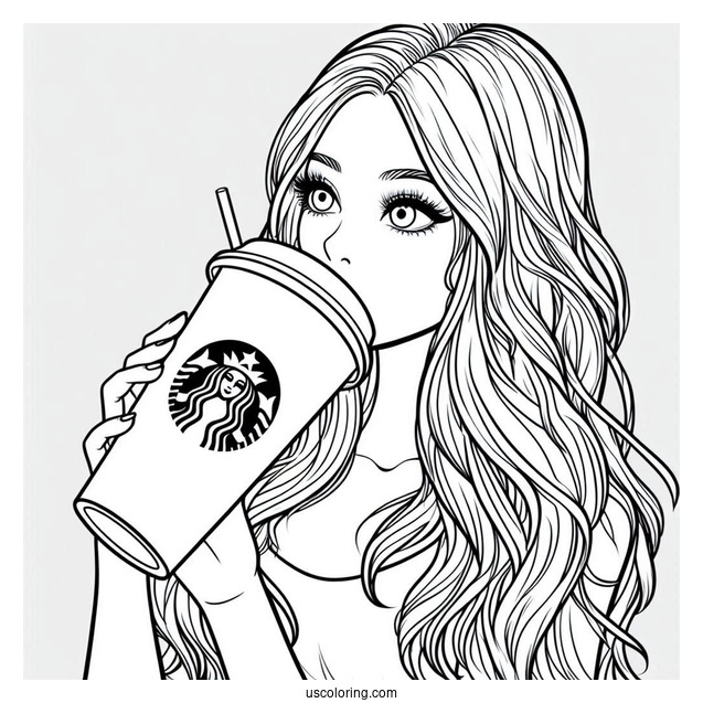Woman Drinking From A Massive Starbucks Coloring Page Of Cup