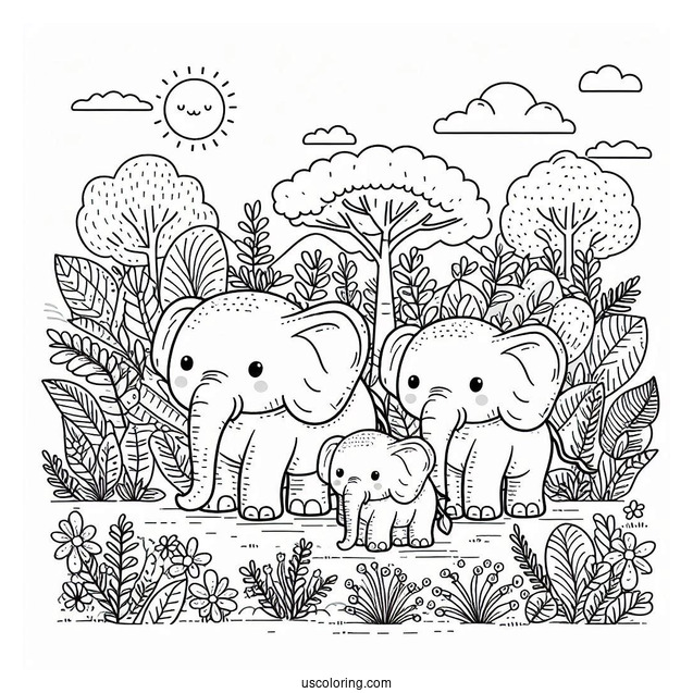 Herd Of Elephants Coloring Page For Kids