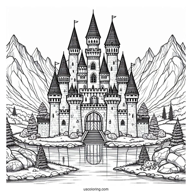 Castle Coloring Page With Moat In The Mountains