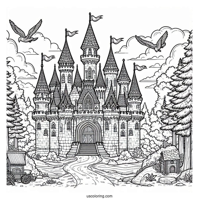 Detailed Medieval Castle Coloring Page In The Forest