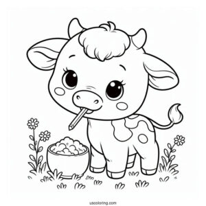Happy Baby Cow Eating Grass Coloring Sheet