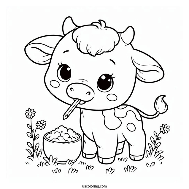 Happy Baby Cow Eating Grass Coloring Sheet