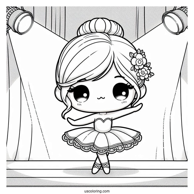Chibi Coloring Page Ballerina Dancing on Stage Under a Spotlight For Kids