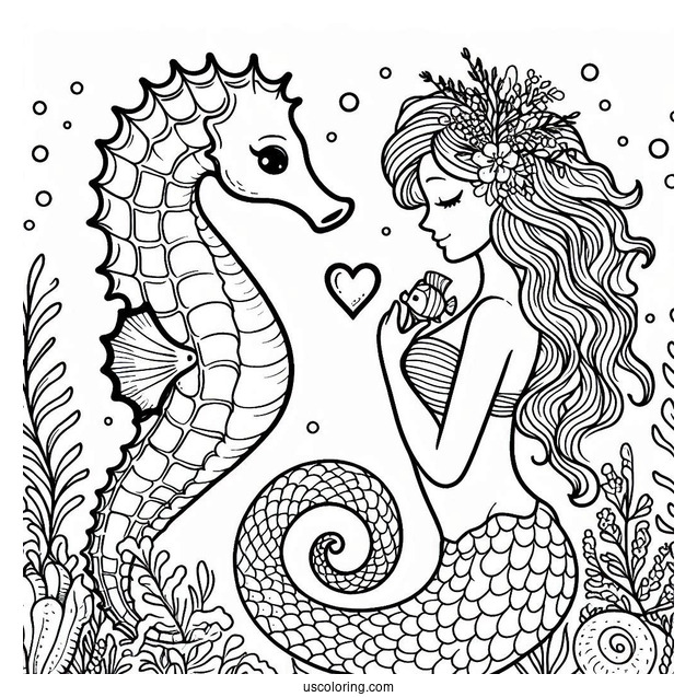 Seahorse And Mermaid With Love Heart To Color