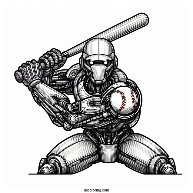 Cool Futuristic Robot Baseball Coloring Page Of Player Ready to Bat