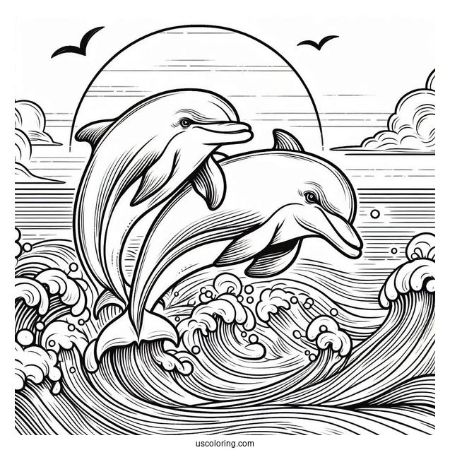 Two Dolphins Swimming In Waves