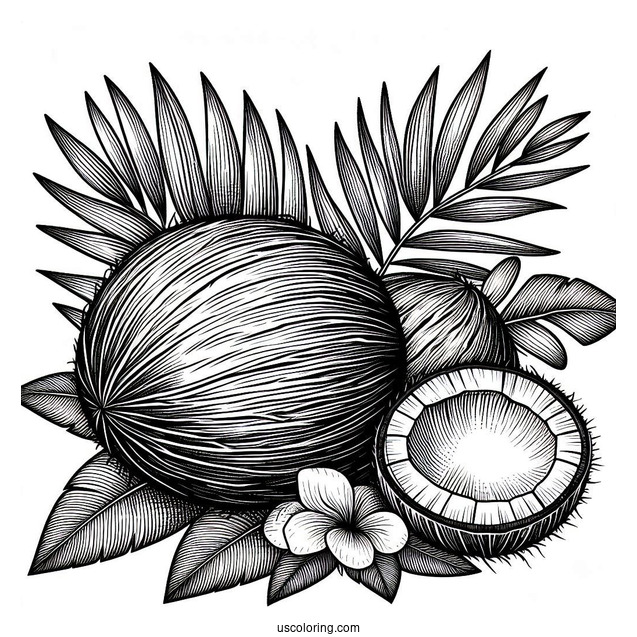 Realistic Coconut Coloring Page On Leaves