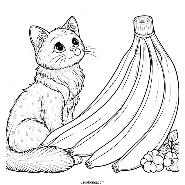 Cat Staring At A Ripe Banana Coloring Page