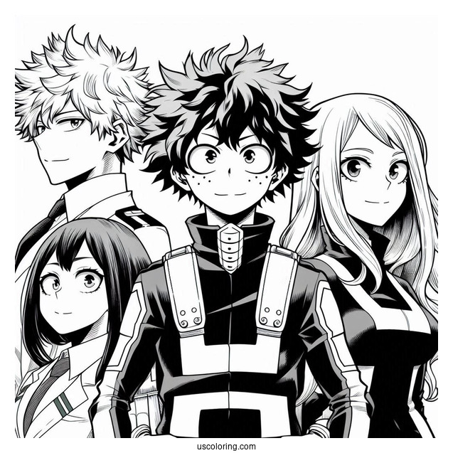 My Hero Academia Coloring Page Of Izuku, Katsuki, Shouto, And Ochako