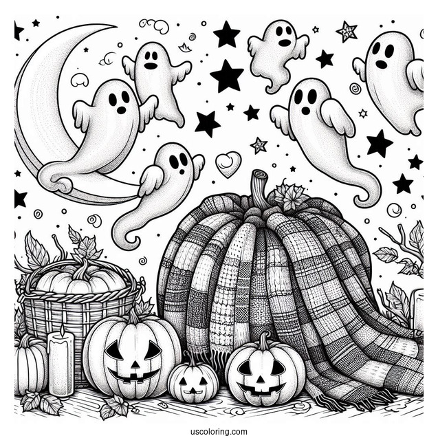 Pumpkin Coloring Page Of Blanket Ghosts Hovering Above Jack O Lanterns For Kids