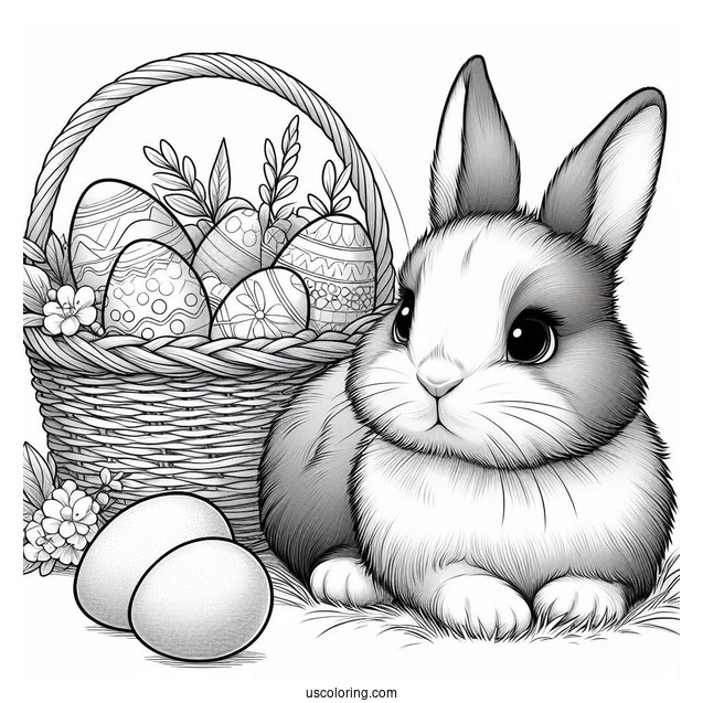 Easter Coloring Page Of Realistic Bunny Next To Basket Of Easter Eggs