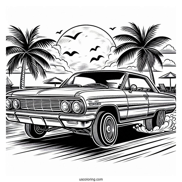 Lowrider Coloring Page Of 1964 Chevy Impala Hopping At The Beach