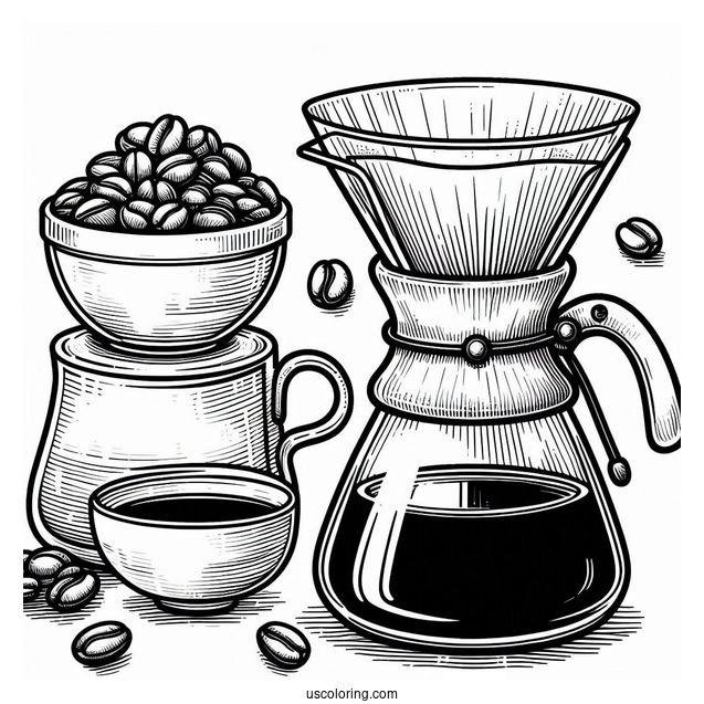 Coffee Coloring Pages Of Outline Of Chemex Coffee Maker With Filter And Bowl Of Beans
