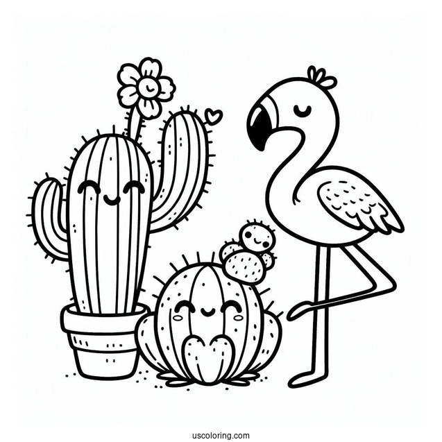 Kawaii Cactus And Flamingo To Color