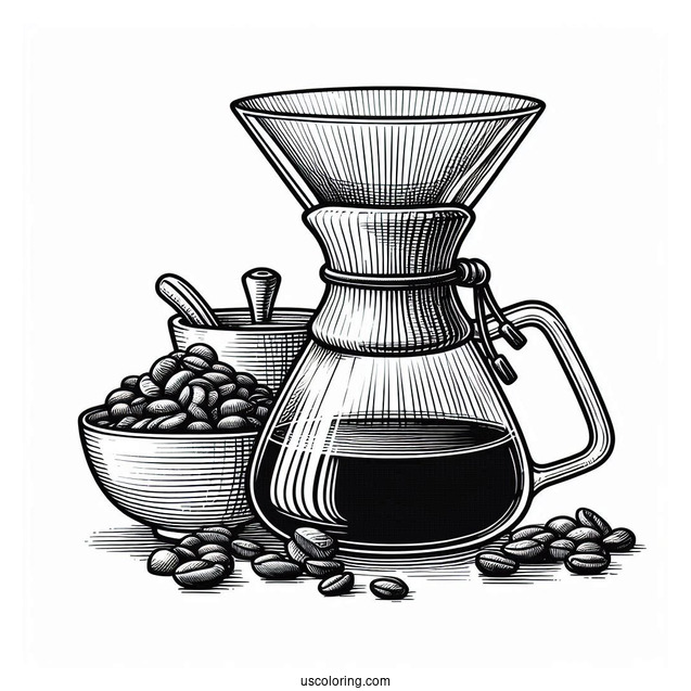 Coffee Coloring Pages Of Outline Of Chemex Coffee Maker With Filter And Bowl Of Beans