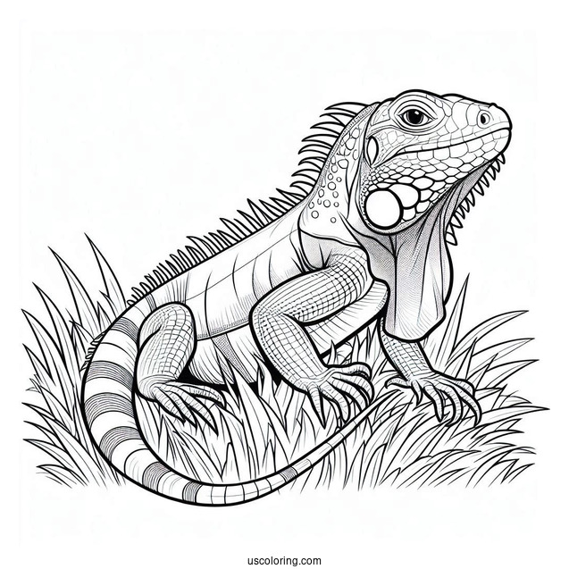 Lizard Coloring Page of Green Iguana On Grass