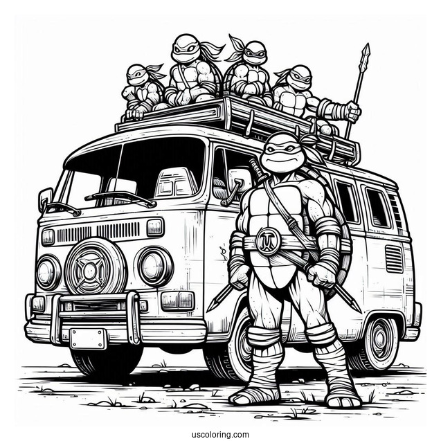 Ninja Turtles Coloring Page Of Donatello Standing In Front Of Turtle Van