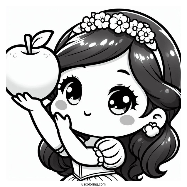 Cute Chibi Snow White Coloring Pages Of Holding Up An Apple For Kids