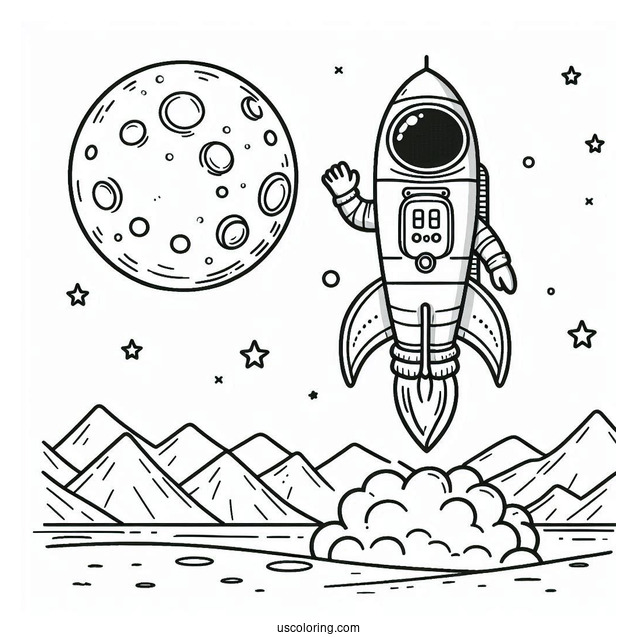 Rocket On The Moon With Astronaut Coloring Page For Kids