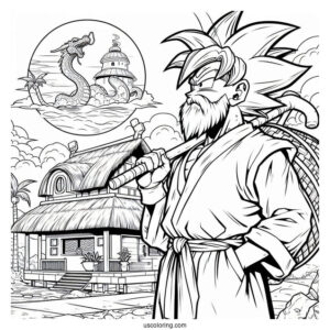 Dragon Ball Z Coloring Page Of Master Roshi in Vacation Shirt at Kame House
