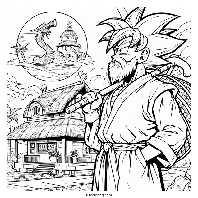 Dragon Ball Z Coloring Page Of Master Roshi in Vacation Shirt at Kame House