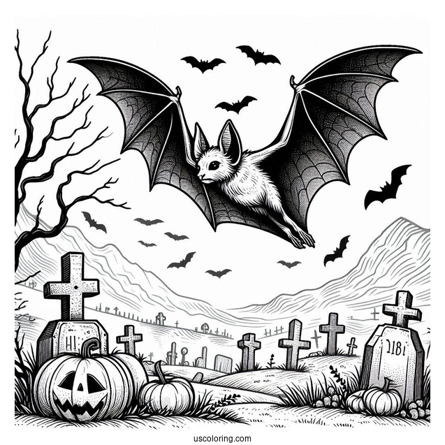 Large Bat Coloring Page Flying Over Tombstones Halloween