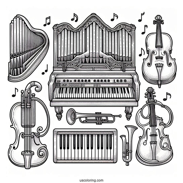 Music Coloring Page Of Organ, Electric Guitar, Trumpet, Violin, Harp, And Saxophone