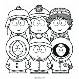 Eric, Kyle, Stan, And Kenny Waving South Park Coloring Page