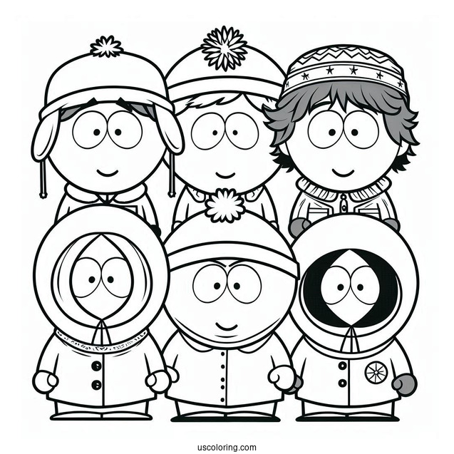 Eric, Kyle, Stan, And Kenny Waving South Park Coloring Page