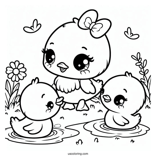 Kawaii Ducklings Playing In A Pond Coloring Page For Preschoolers