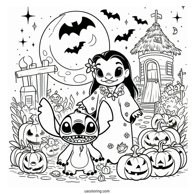 Halloween Themed Lilo And Stitch Coloring Sheet