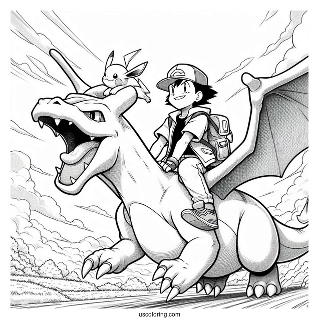 Coloring Sheet Of Ash And PIkachu Riding Charizard