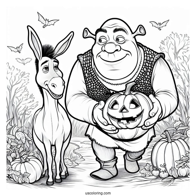 Shrek With Donkey And Pumpkin During Halloween
