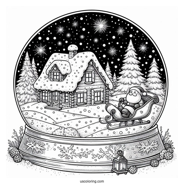 Snow Globe Coloring Page With Winter Cottage And Santa On A Sleigh