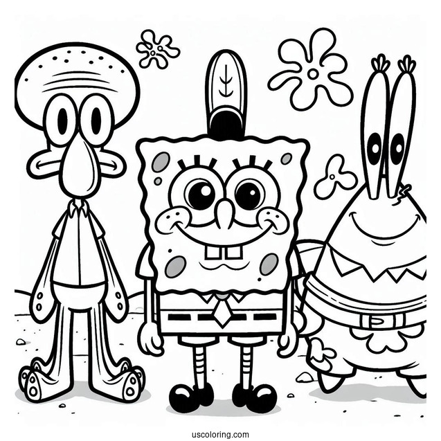 SpongeBob With Patrik, Squidward And Sandy To Color