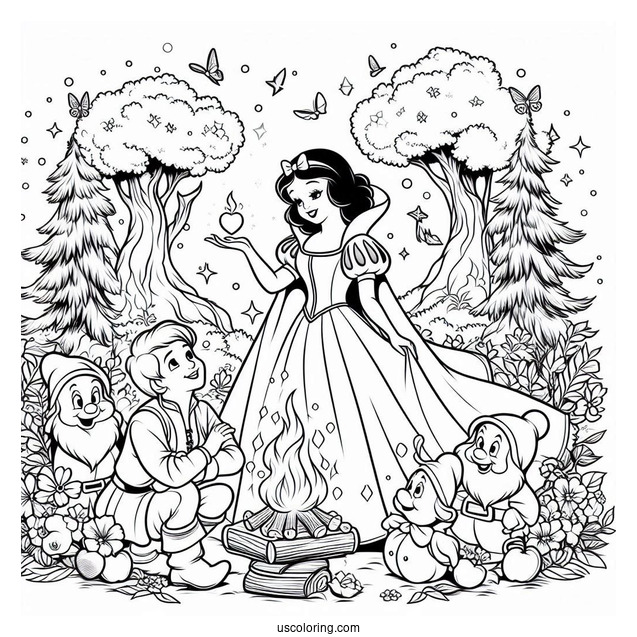 Snow White, The Prince, And Seven Dwarfs To Color