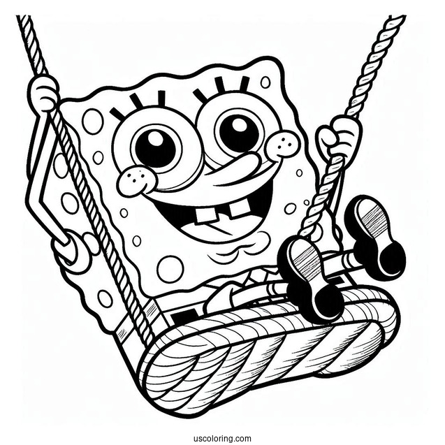 Fun SpongeBob Coloring Page Swinging From A Rope