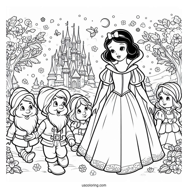 Snow White, The Prince, And Seven Dwarfs To Color