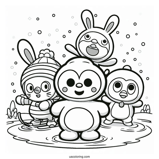 Pororo Coloring Page Of Eddy, Poby, Loopy, And Crong Playing In The Snow