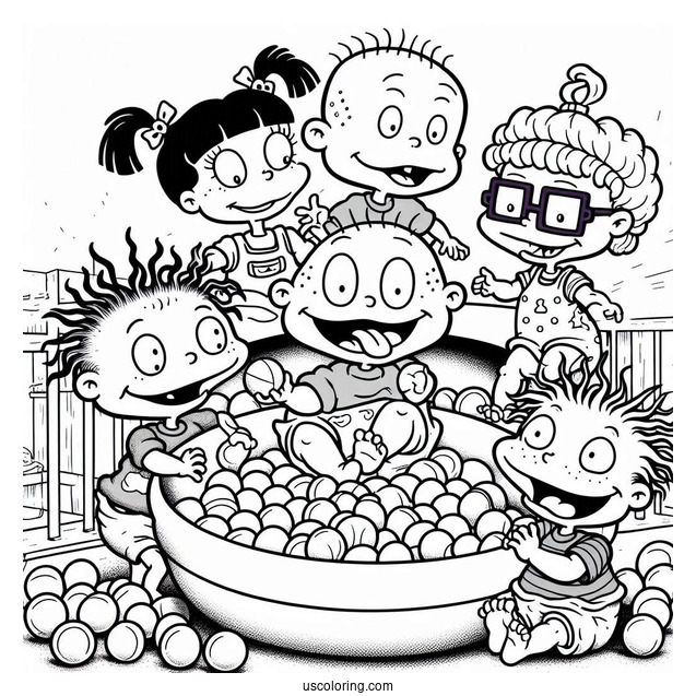 Rugrats Coloring Page Of Tommy, Chuckie, Angelika, Susie, And Dil In Ball Pit