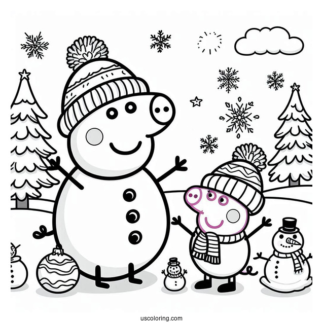 Peppa And George With Snowman Coloring Sheet