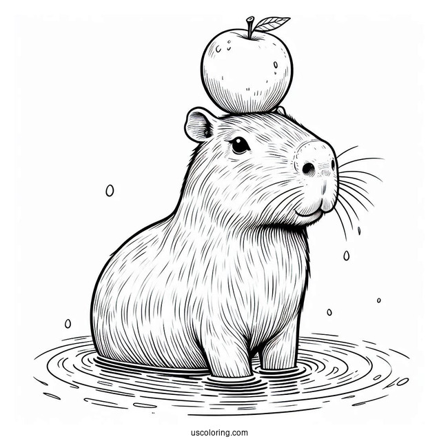 Capybara Coloring Page In The Water Balancing A Fruit On Its Head