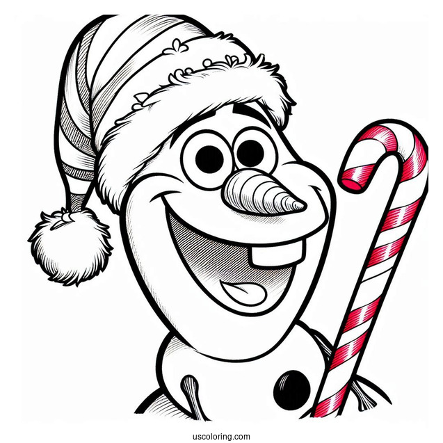 Olaf Wearing Santa Hat With Candy Cane To Color