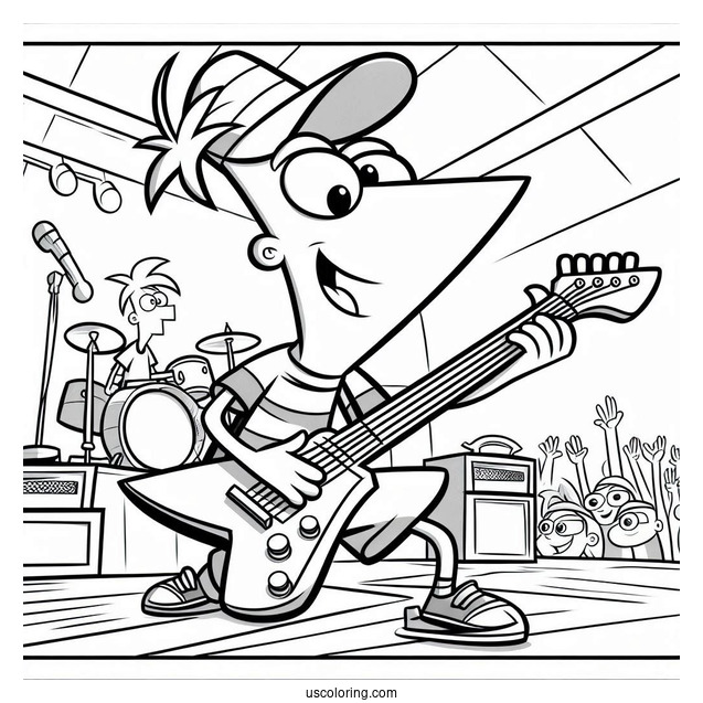 Phineas And Ferb Coloring Page On Stage Playing Electric Guitar